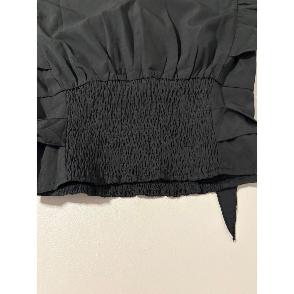 Black Ruffle Sleeve Smocked Waist Wrap Front Crop‎ Top Elegant Feminine SZ S - Picture 7 of 7